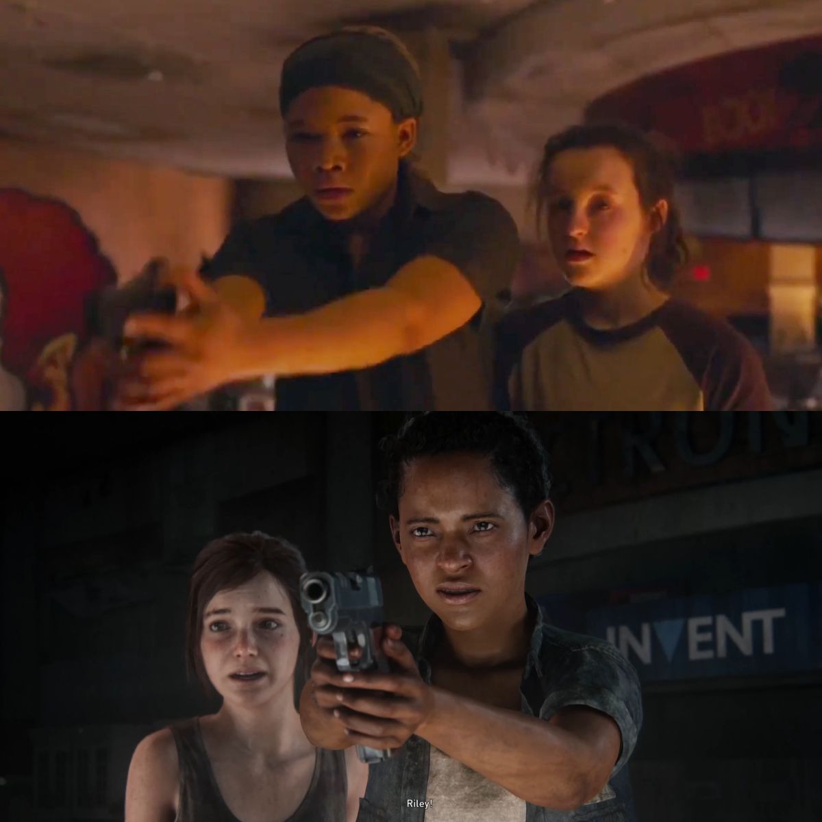 Comparison: (top) Storm Reid (left) and Bella Ramsey (right) as Riley and Ellie in the shooting infected scene in TLOU on HBO. (Bottom) Ellie (right) and Riley (left) in the same scene in the "Left Behind" DLC.