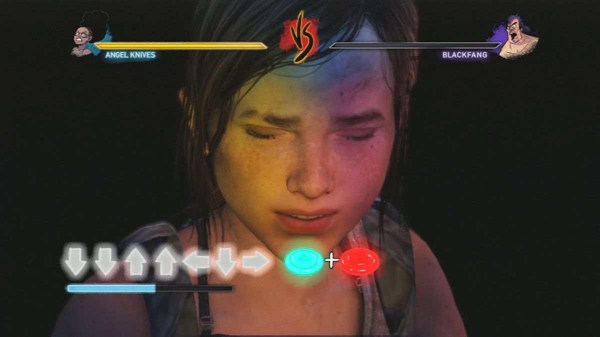 Close-up of Ellie with her eyes closed imagining a video game. The health bars for two characters, "Angel Knives" and "Blackfang" are overlaid above her head, and there are arrows and player buttons overlaid at the bottom of the image. 