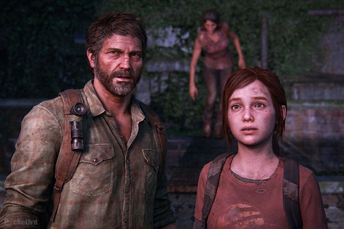 Joel and Ellie in a scene from the video game, 'The Last of Us' (2013). Joel is on the left. He's a white man with short, brown hair and a salt-and-pepper beard. He's wearing a green plaid buttondown shirt, and has a brown backpack on his back with a black flashlight affixed to one of the straps. Ellie is a white teenage girl with brown hair in a ponytail, a red t-shirt over a long-sleeved black shirt, and visible black backpack straps. Both Ellie and Joel are standing on a rooftop looking at something in front of them in amazement. Behind them, Tess, a white woman with dark hair wearing a reddish, short-sleeved shirt and dark pants is making her way to them walking along the ledge.