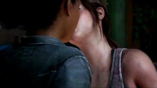 Ellie (right) kisses Riley (left) in the "Left Behind" DLC (2014). Riley is a Black teenage girl with her back to the camera. Ellie is a white teenage girl whose face is obscured because she's kissing Riley.