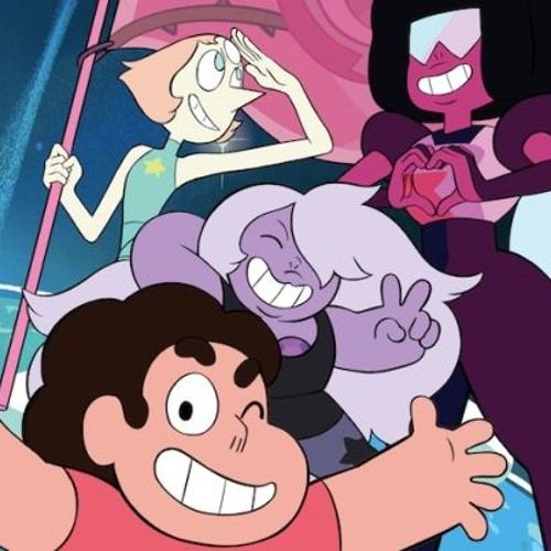 Promotional image. Clockwise: Steven, Pearl, Amethyst, and Garnet from the animated 'Steven Universe' 