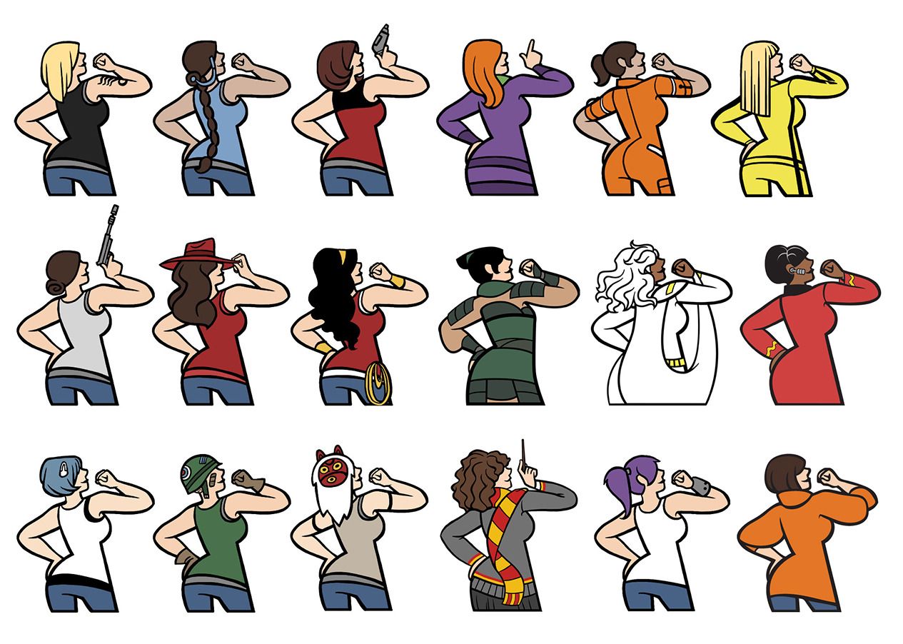 Illustrations of 18 different women (3 rows of 6 figures each) cosplaying as their fave geek characters and all standing in profile in the Rosie the Riveter "We Can Do It" pose (one arm held up and making a muscle). Characters from top left: Starbuck, Katara, Captain Janeway, Daphne, Chell, The Bride, Princess Leia, Carmen San Diego, Wonder Woman, Mulan, Storm, Uhura, Rei, Tank Girl, Princess Mononoke, Hermoine, Leela, and Velma. 