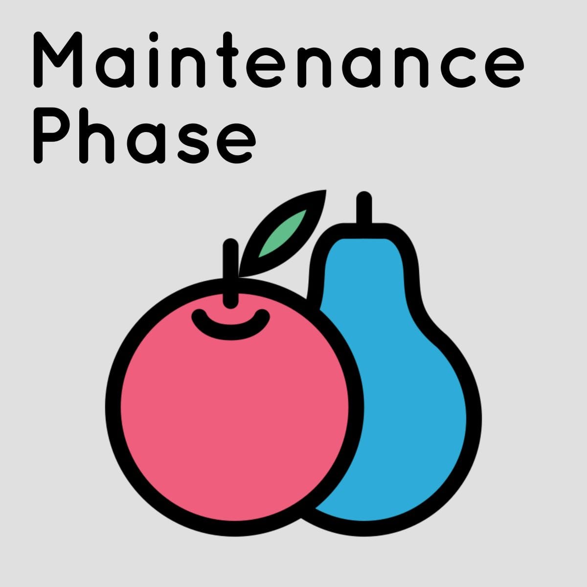 Logo for the 'Maintenance Phase' podcast. The title is at the top above an illustration of a pink apple and a blue pear.