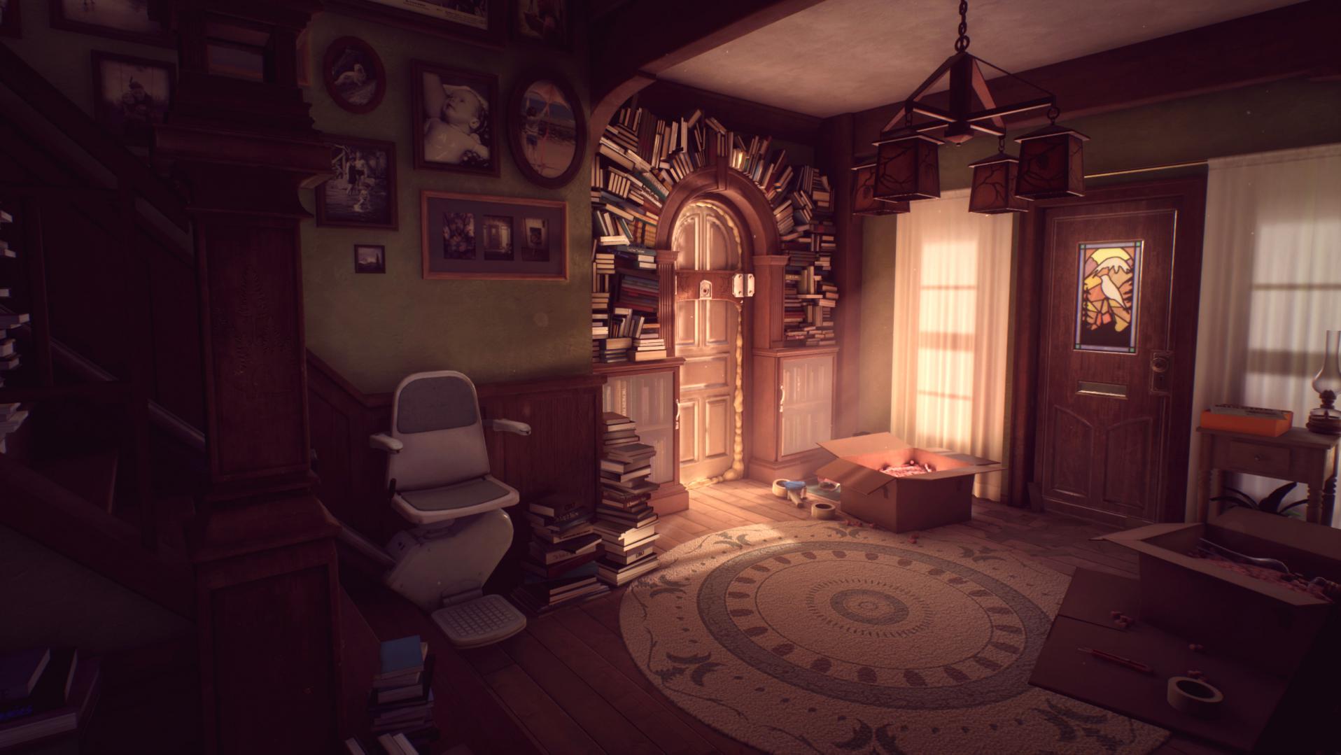 Image from the video game 'What Remains of Edith Finch' - illustration of a foyer in a house.