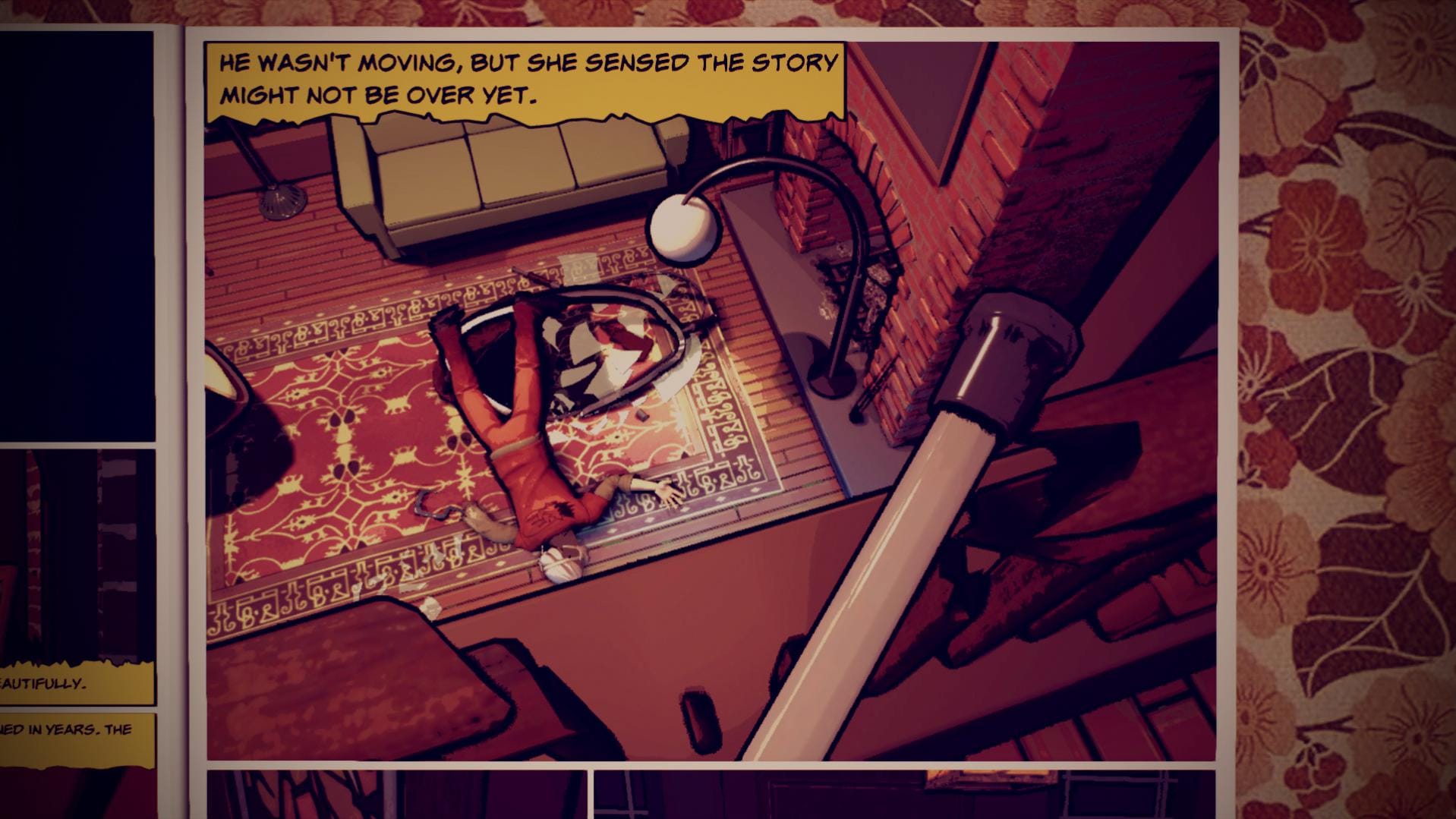 A dead body in a comic panel. Text: "He wasn't moving, but she sensed the story might not be over."