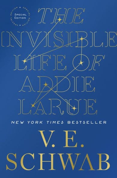 cover of the book 'The Invisible Life of Addie LaRue' by V.E. Schwab. Gold letters on a blue background.