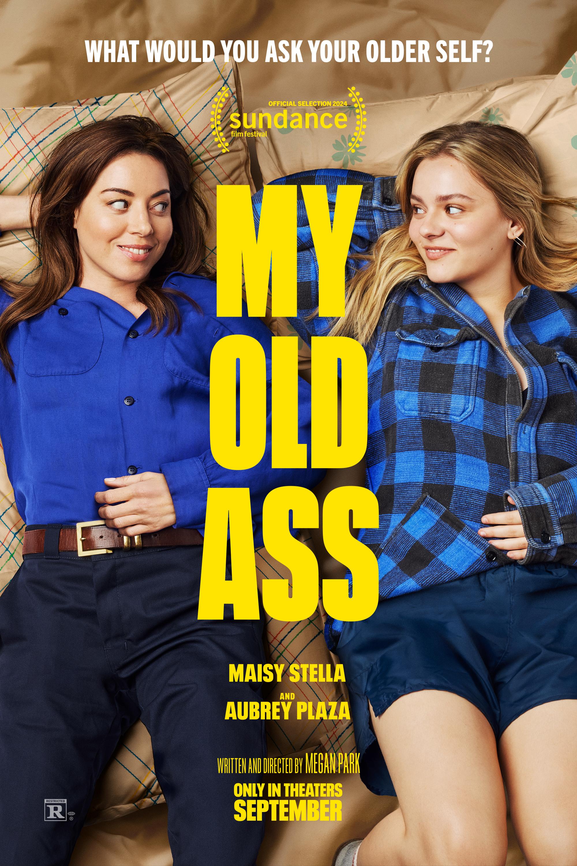 Movie poster for 'My Old Ass' featuring Aubrey Plaza and Maisy Stella lying on blankets smiling at each other