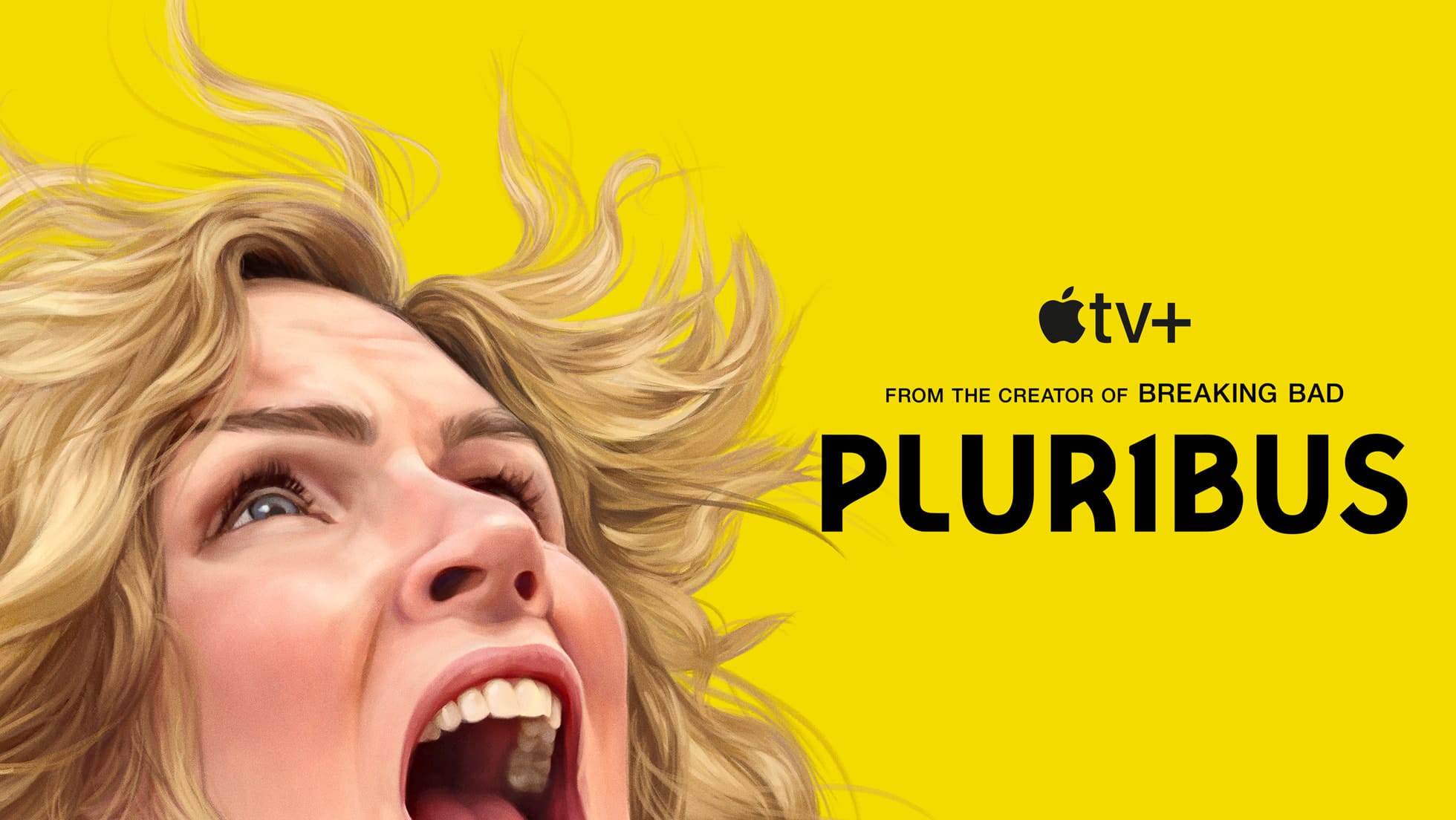 Promotional image for the Apple TV+ show, Plur1bus, featuring a screaming blonde woman over a bright yellow background with the show title in black letters.