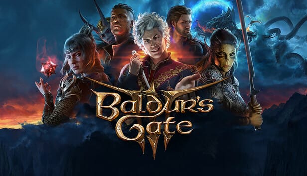 Promotional image for the game 'Baldur's Gate III' depicting all the main companion characters from the game.