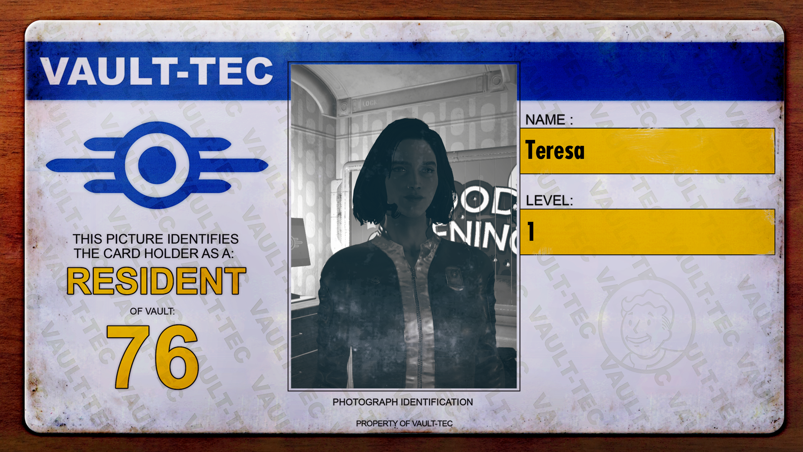 Screenshot of a Vault-Tec Vault 76 ID card with my player character on it from 'Fallout 76' It shows my name and that I'm Level 1