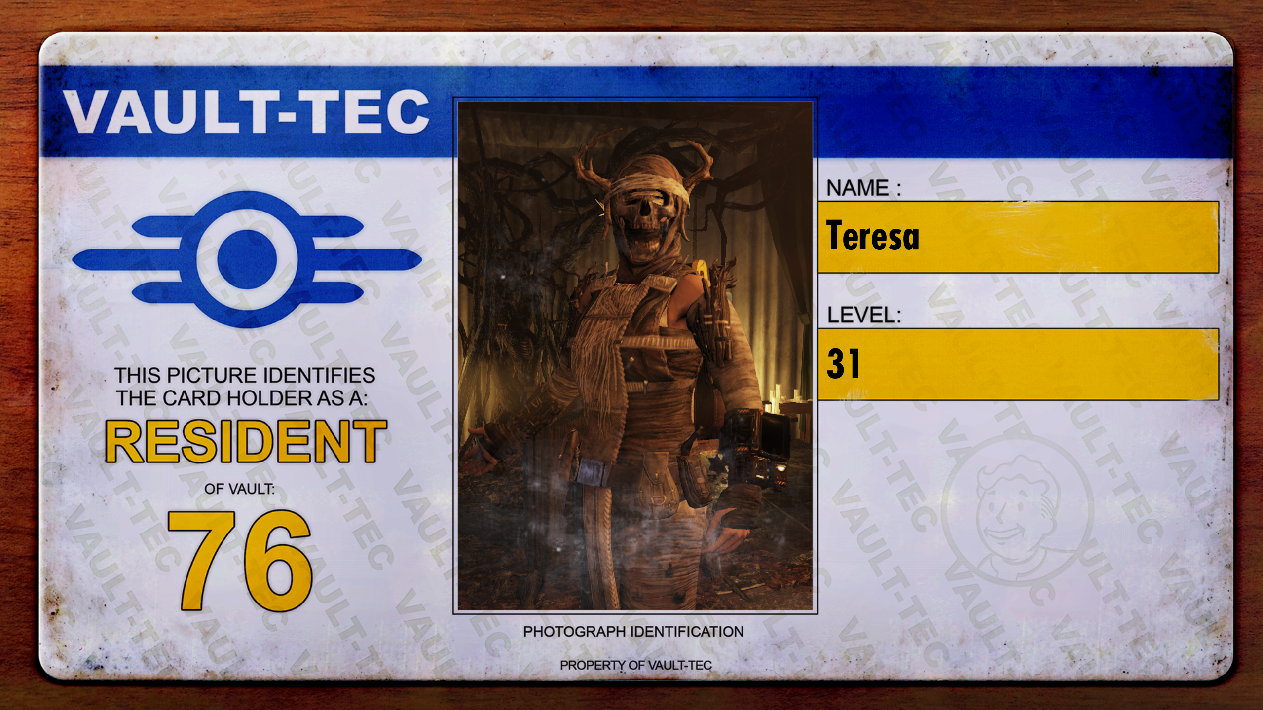 Screenshot of a Vault-Tec Vault 76 ID card with my player character on it from 'Fallout 76' wearing ritual garb that features a skull mask and antlers. It shows my name and that I'm Level 31.