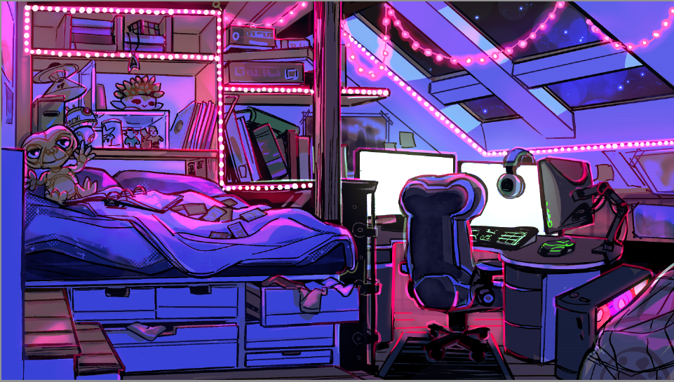 Color illustration of a messy teen girl's bedroom where purple and pink are the dominant colors.