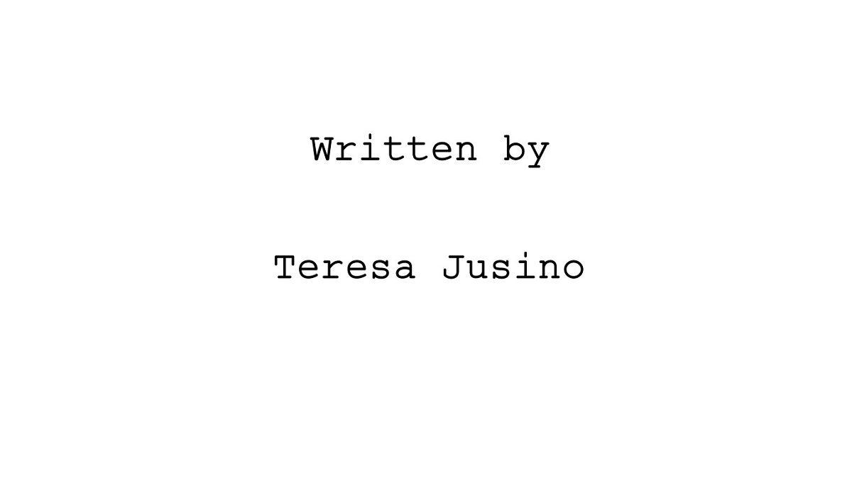 The text "Written by Teresa Jusino" in black Courier font on a white background.