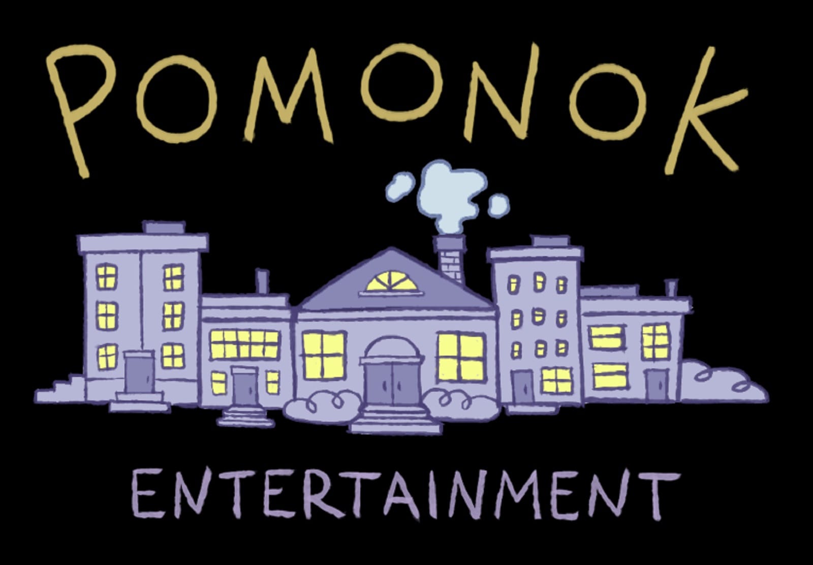 An illustration of purple homes against a black background. The word "Pomonok" is in yellow and "Entertainment" is in purple.