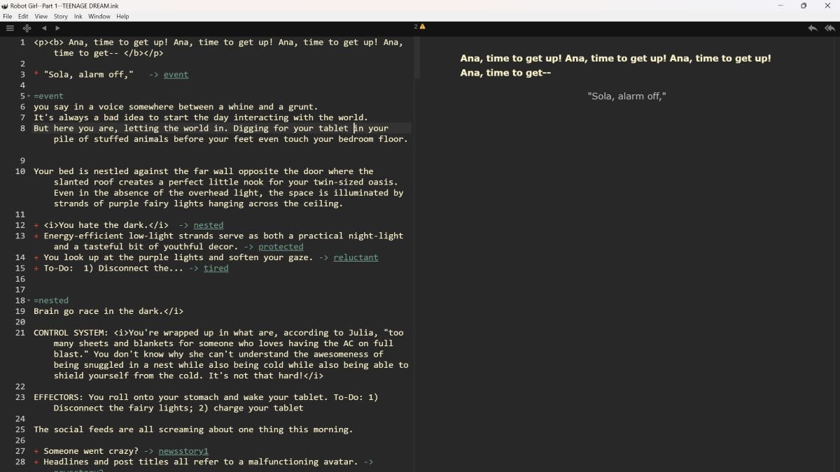 Screencap of the beginning of the script for the game ROBOT GIRL in Inky