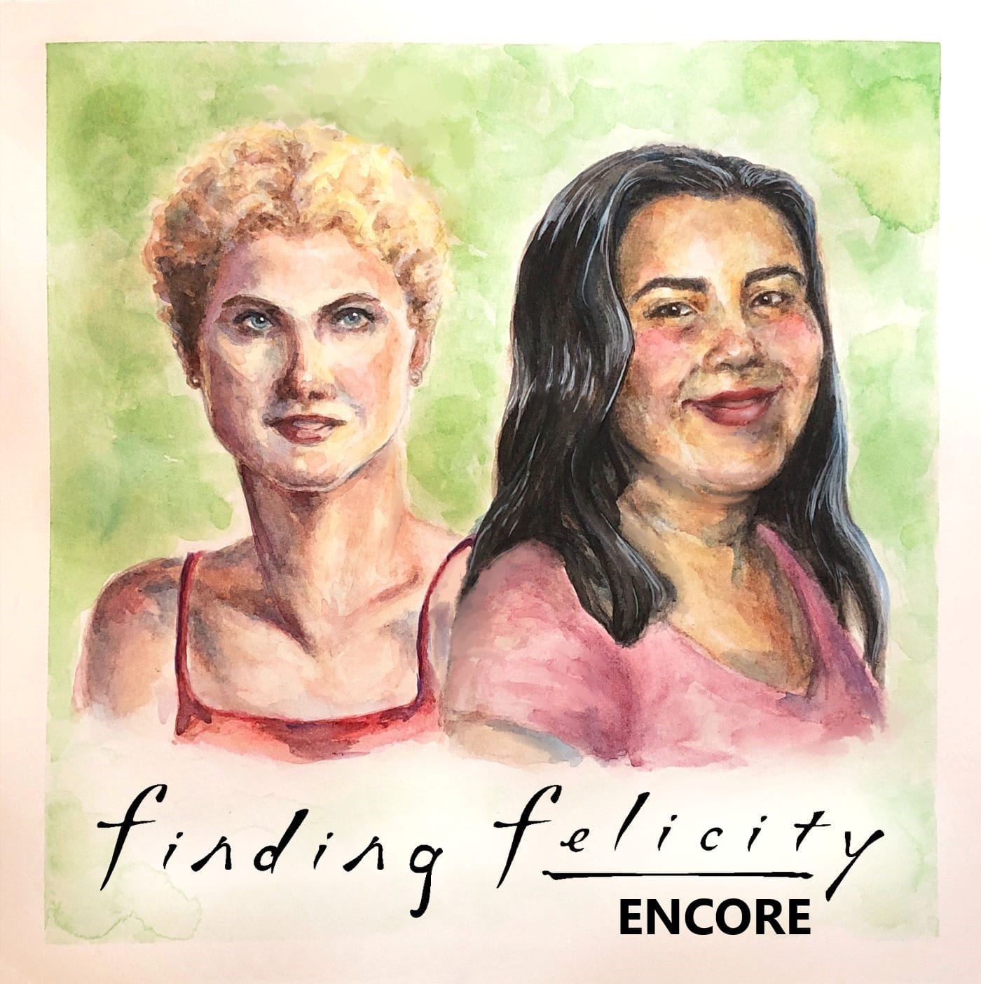 Illustrated 'Finding Felicity' logo with an illustrated Keri Russell and Teresa Jusino posed side-by-side