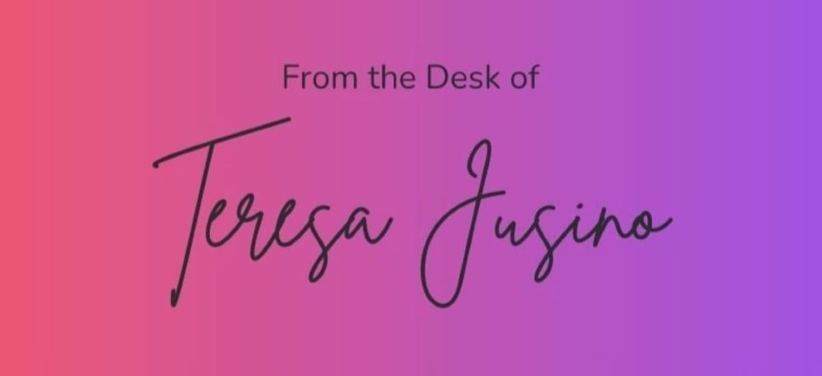 Text: "From the Desk of Teresa Jusino" on a pink and purple background