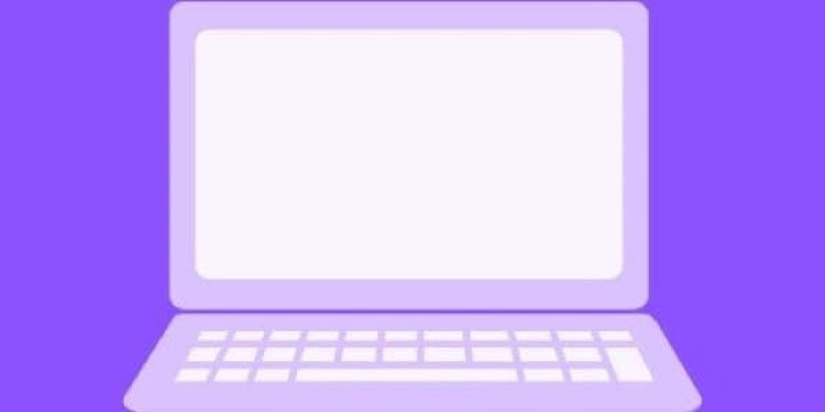 Graphic of a pinkish laptop with a white screen and keys against a purple background