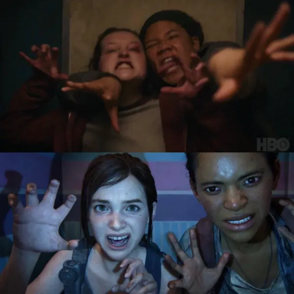 Top: Bella Ramsey (left) and Storm Reid (right) in the photo booth scene in TLOU. Bottom: Ellie and Riley in the game.