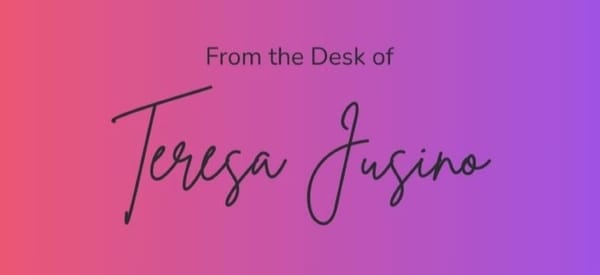 Text: "From the Desk of Teresa Jusino" on a pink and purple background