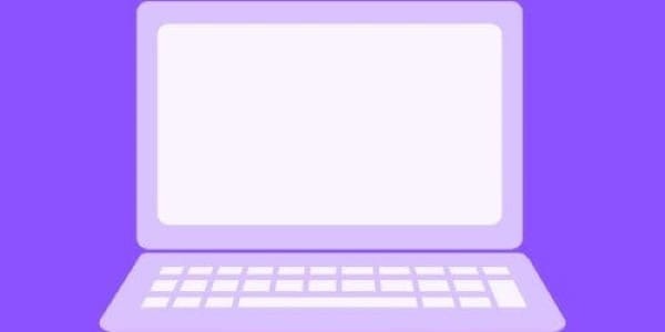Graphic of a pinkish laptop with a white screen and keys against a purple background
