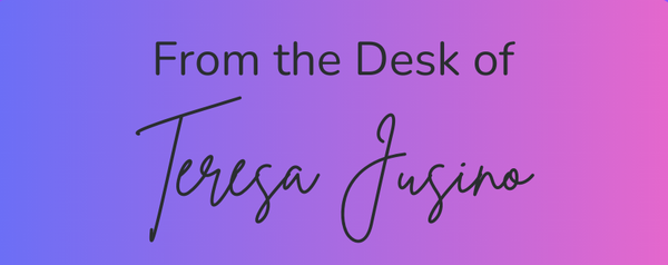 Purple and pink rectangular graphic that reads "From the desk of Teresa Jusino"