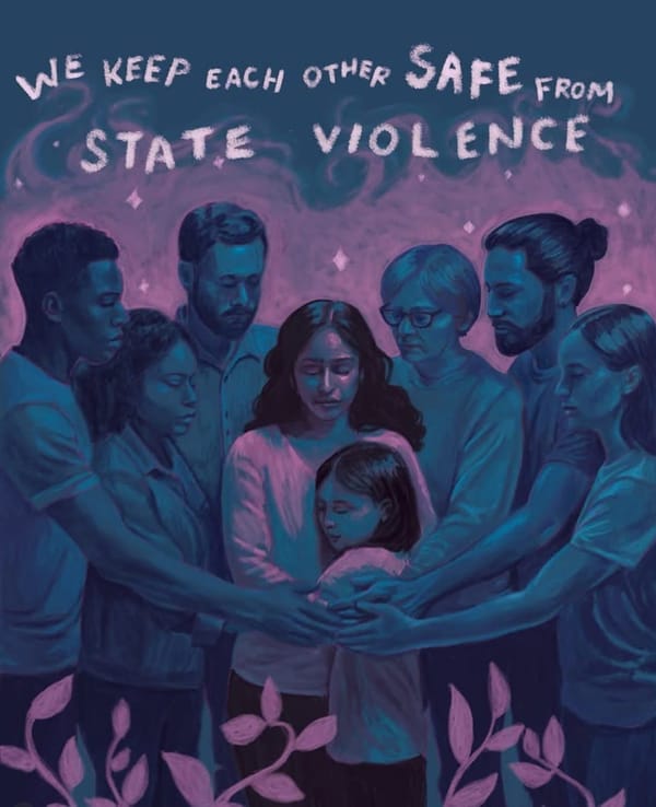 Illustrated image of a group of people with their arms around a Mother and Daughter.