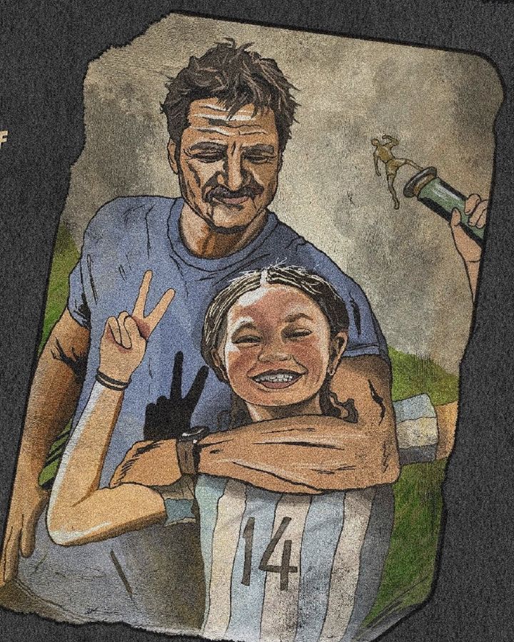 Illustration of a photo of Pedro Pascal's Joel and Nico Parker's Sarah. 